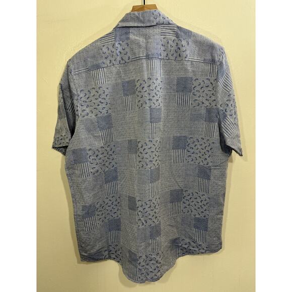 Linen Blend Boho Paisley Button Down Camp Shirt M Resort Patchwork Retro Blue - Picture 10 of 13